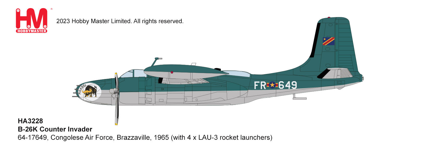 B-26K Counter Invader Congolese Air Force Brazzaville 1965 (with 4 x LAU rocket launchers) Reg 64-17649 Diecast Metal Aircraft Model 1.72 Scale Hobbymaster HA3228 - Image 10