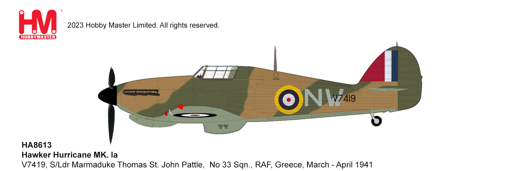 Hawker Hurricane MK Ia S/Ldr Marmaduke Thomas St. John Pattle No 33 Sqn RAF Greece March-April 1941 Reg V7419 Diecast Aircraft Model 1.48 Scale Hobbymaster HA8613 - Image 10