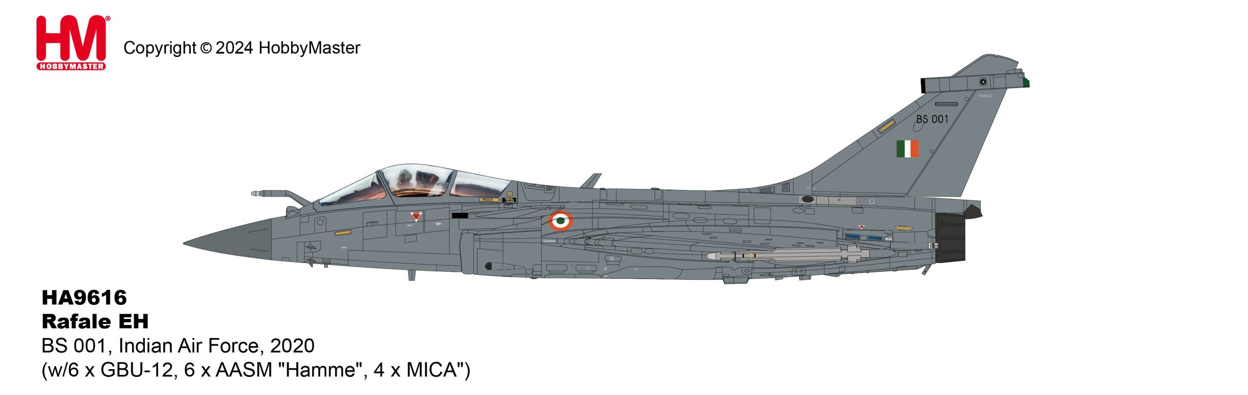 Dassault Rafale EH (twin-seater), Indian Air Force, 2020 Reg BS 001 (w/6 x GBU-12, 6 x AASM "Hamme", 4 x MICA") Diecast Aircraft Model 1.72 Scale Hobbymaster HA9616 - Image 9
